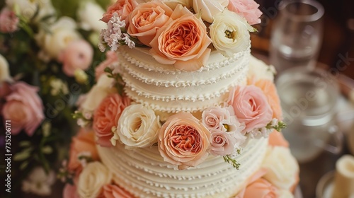Wedding cake with flowers background
