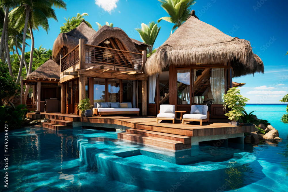 Fototapeta premium Amazing tropical resort with hut over blue water --ar 3:2 --stylize 750 Job ID: be20e0e9-b08a-422d-b17b-64fc32b48822
