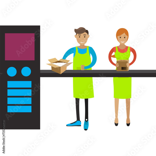 Packers working on conveyor line vector icon isolated on white
