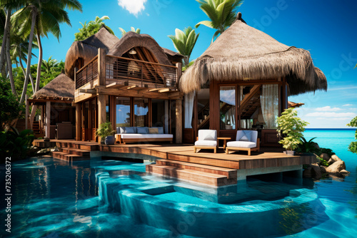Amazing tropical resort with hut over blue water --ar 3:2 --stylize 750 Job ID: be20e0e9-b08a-422d-b17b-64fc32b48822