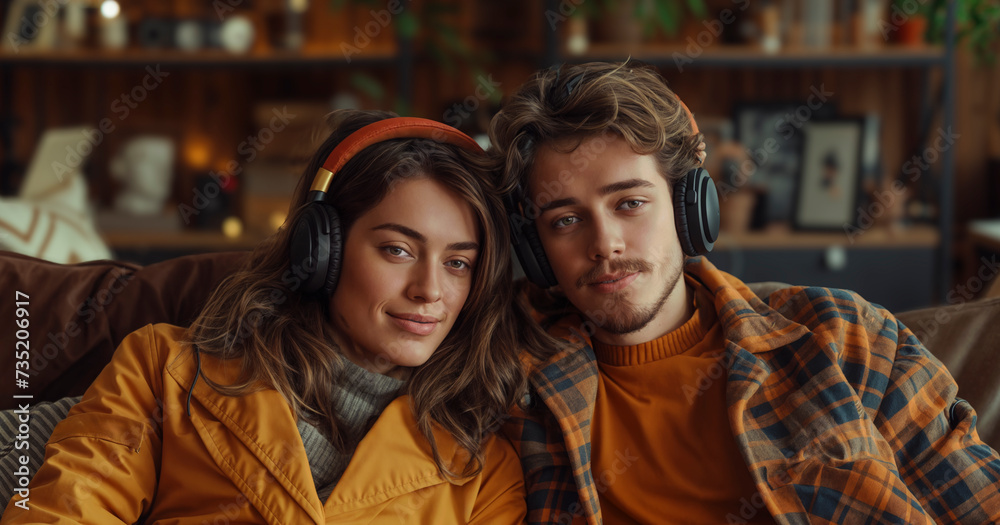 A young couple in a relaxed home setting share a moment, each wearing stylish, high-quality over-ear headphones.