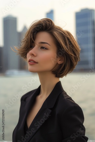Stylish woman with modern hairstyle against city background photo