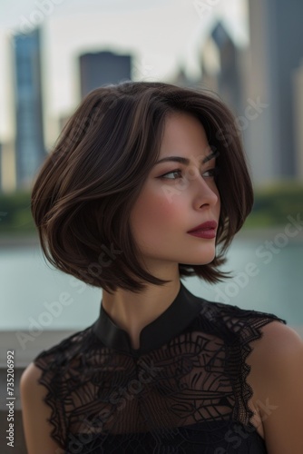 Free Download Woman with an asymmetrical lob haircut against city background - GFXLoad
