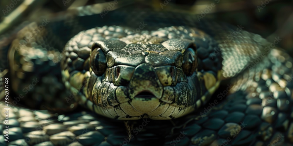 A detailed close up shot of a snake's head. This image can be used to depict reptiles, wildlife, nature, and danger A detailed close up shot of a snake's head. This image can be used to depict reptiles, wildlife, nature, and danger