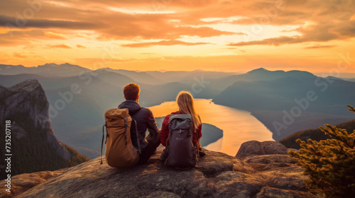 Couple hikers with backpacks sit atop a cliff enjoying a breathtaking view of a curved bay and dramatic mountain range at sunset.