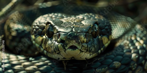 A detailed close up shot of a snake's head. This image can be used to depict reptiles, wildlife, nature, and danger