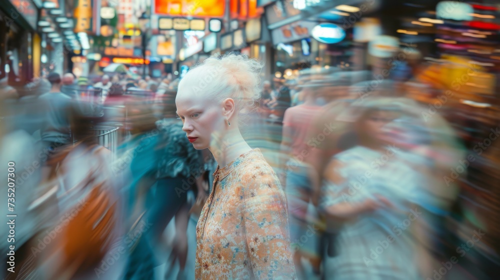 In the bustling city street, a woman with striking albino hair stands out among the crowded blur of people, her unique appearance a symbol of individuality in a sea of conformity