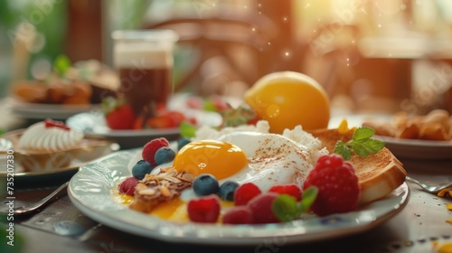 A plate of breakfast food is placed on a table. This image can be used to showcase a delicious morning meal.