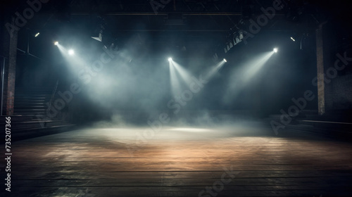 Empty stage lit by spotlights with atmospheric haze.