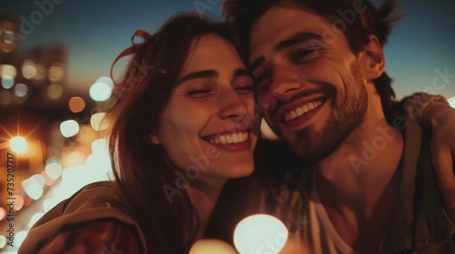 A joyous couple captures their love and friendship in a candid outdoor selfie, radiating happiness through their smiling faces and perfectly coordinated clothing, while a flickering candle adds a tou photo