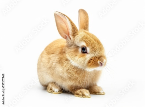 A cute brown bunny with large ears and shiny eyes on a white background.