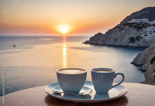 Cup of coffee on blurred background of evening Greek seascape