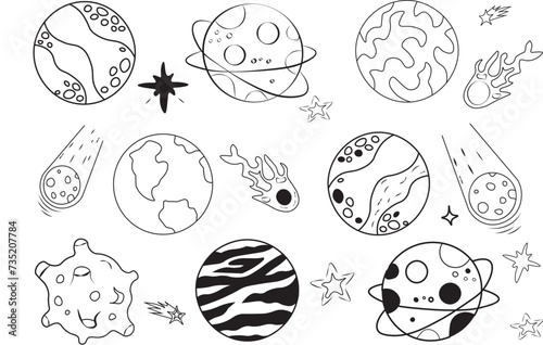 Hand drawn space. Doodle space planets. Universe doodle vector illustration set. Space star, planet, meteorite.