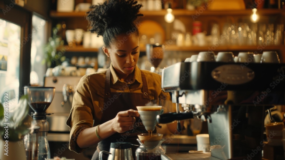 A stylish woman prepares a warm cup of coffee in the cozy atmosphere of a restaurant kitchen, surrounded by elegant tableware and the inviting aroma of freshly brewed java