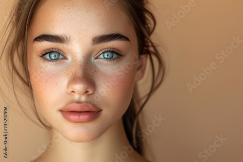 Close-up portrait of a woman with a fresh face and freckles on a beige background