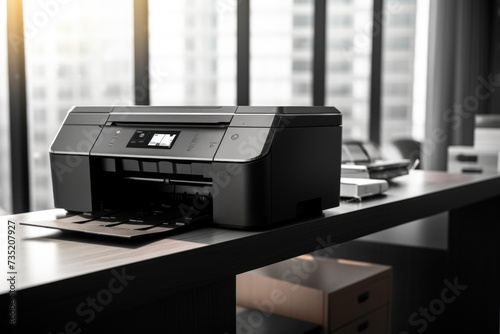 A printer sitting on top of a wooden desk. Can be used in office or home settings