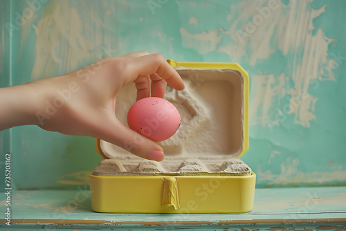 woman pointing at pink egg inside of easter egg box i