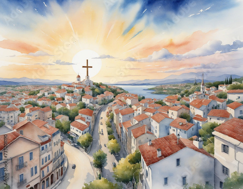 Watercolor of Christian cross above town on white background photo