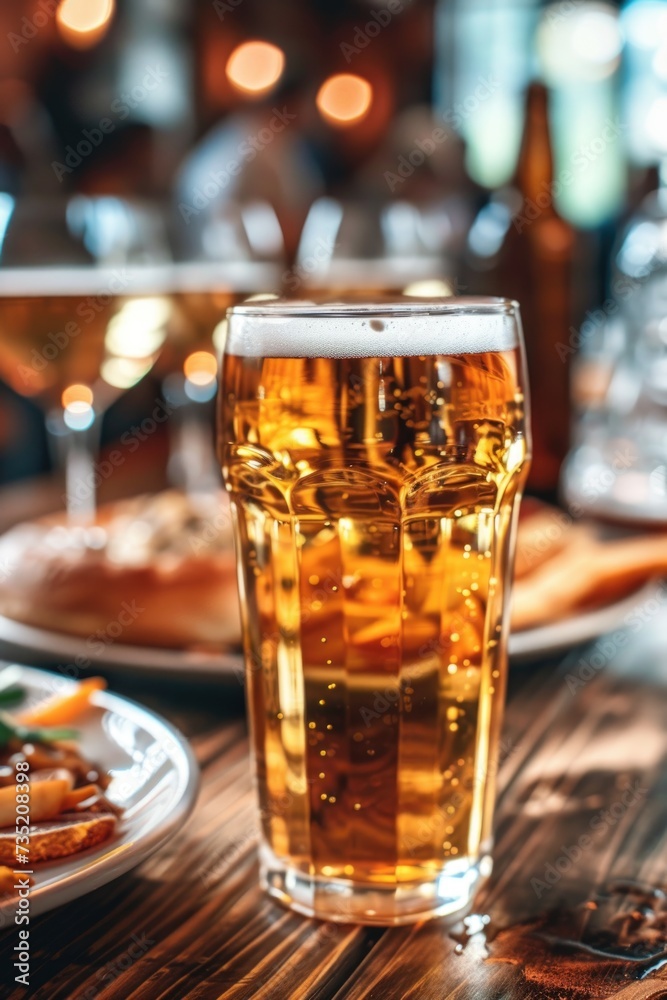 A glass of beer sitting on top of a wooden table. Perfect for showcasing a refreshing drink or creating a cozy pub atmosphere. A glass of beer sitting on top of a wooden table. Perfect for showcasing a refreshing drink or creating a cozy pub atmosphere.