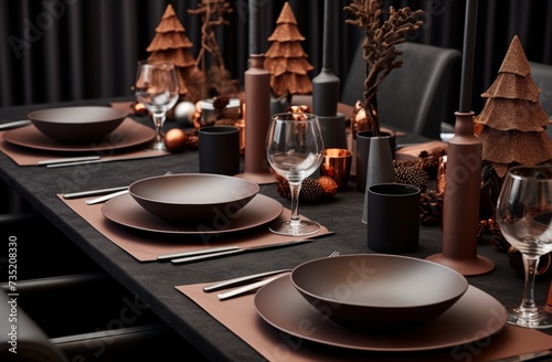 a home dinner table,gray and bronze with elements of paper and craftcore photo