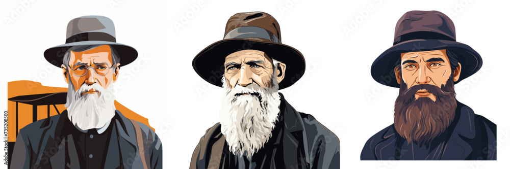set of old men amish farmer wearing a hat vector illustration isolated transparent background logo, cut out or cutout t-shirt design