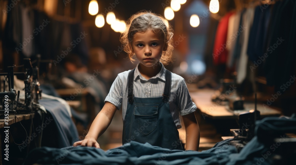 Young Boy in Overalls Standing in a Room - obrazy, fototapety, plakaty 