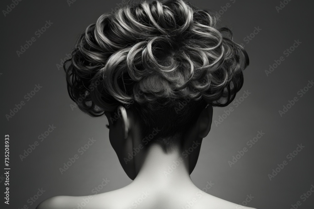 A black and white photo of a woman with curly hair. Can be used for fashion, beauty, or portrait concepts