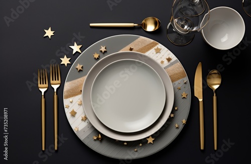 gray dinner plates with golden cutlery and gold cylinderware sets