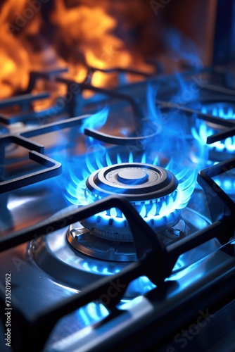 A detailed view of a gas stove with vibrant blue flames. This image can be used to showcase modern kitchen appliances or to illustrate the concept of cooking with gas