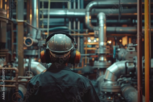 A man wearing a hard hat and headphones in a factory. Suitable for industrial and manufacturing themes