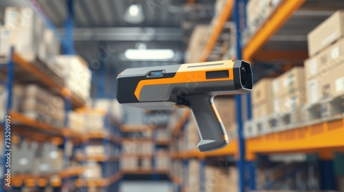 A thermal gun in a warehouse with boxes in the background. Suitable for industrial and security concepts