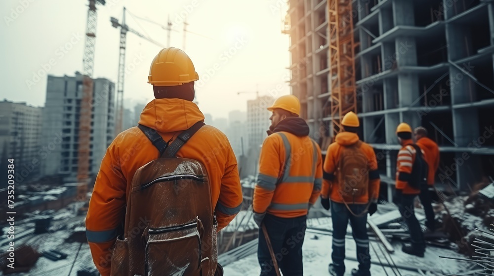 Team of builders in a modern construction, Group of builders in hardhat working together on construction site, planning and architecture. Generative AI. - obrazy, fototapety, plakaty 