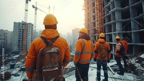 Team of builders in a modern construction, Group of builders in hardhat working together on construction site, planning and architecture. Generative AI. photo