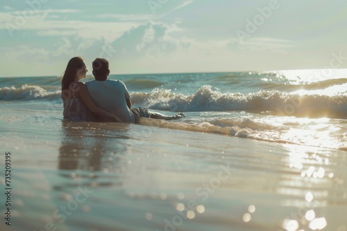 As the wind and waves crash against the shore, a man and woman sit in the calm waters, surrounded by the vastness of the ocean and the beautiful colors of the sunset