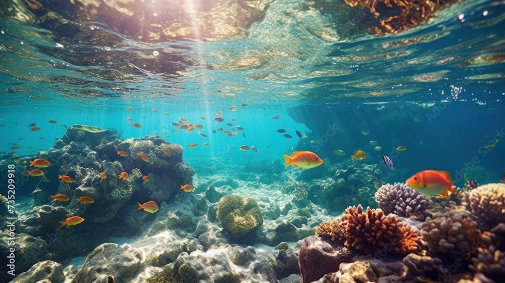 Obraz premium Marine life, Vibrant underwater scene with a school of tropical fish swimming among colorful coral under the dappled sunlight of the ocean surface.