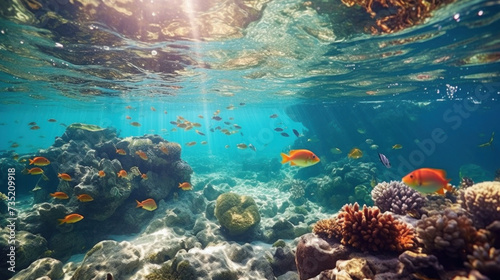 Marine life  Vibrant underwater scene with a school of tropical fish swimming among colorful coral under the dappled sunlight of the ocean surface.
