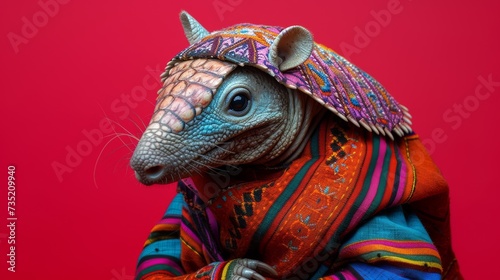 Armadillo in Vibrant Outfits on Red Background