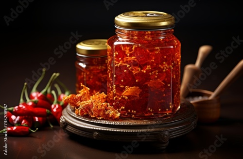 hot chili sauce in a jar with condiments from an orignal
