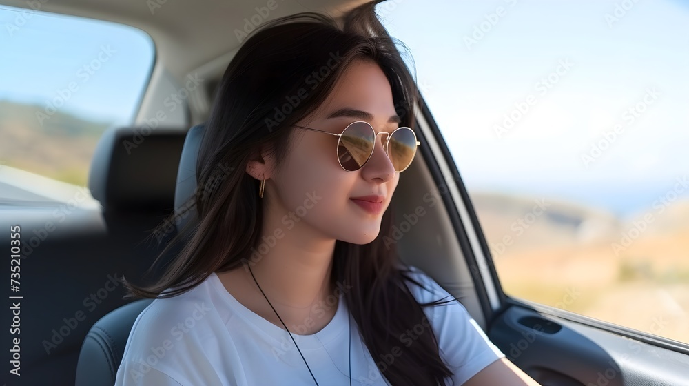 A young woman with sunglasses is driving in a vehicle with blue sky.