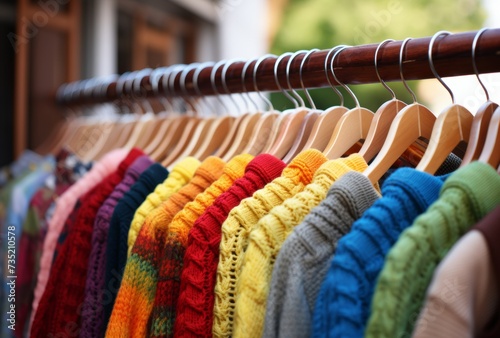 Colorful Assortment of Knit Sweaters on Wooden Hangers