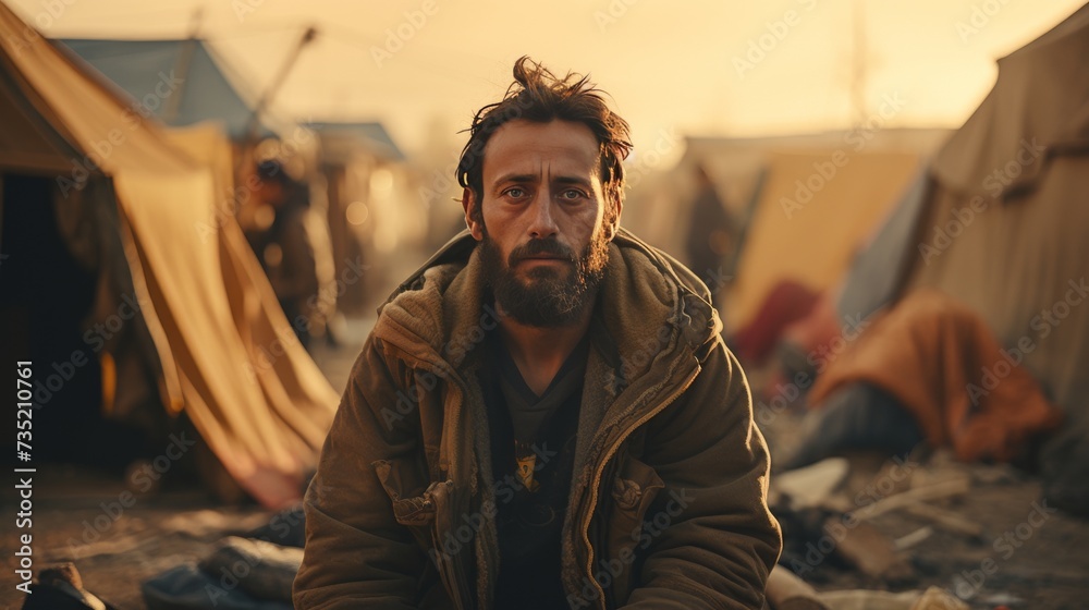 A Man With a Beard Sitting in Front of a Tent