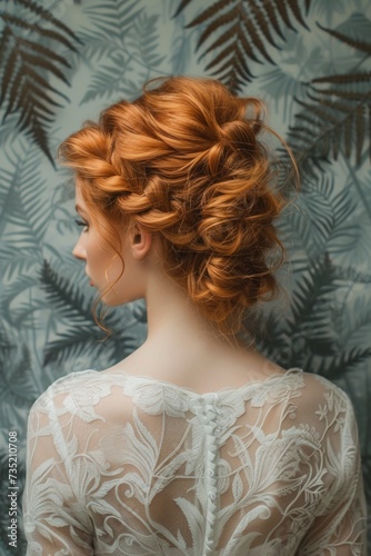 Exquisite women's hairstyle with a vintage tropical pattern background photo