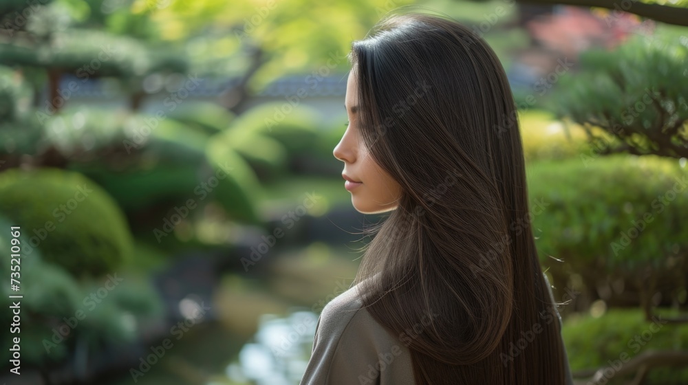 Naklejka premium A serene beauty with long hair in a tranquil garden