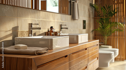 Bright bathroom with a white sink close-up on a wooden countertop, monochrome beige colors. Interior design