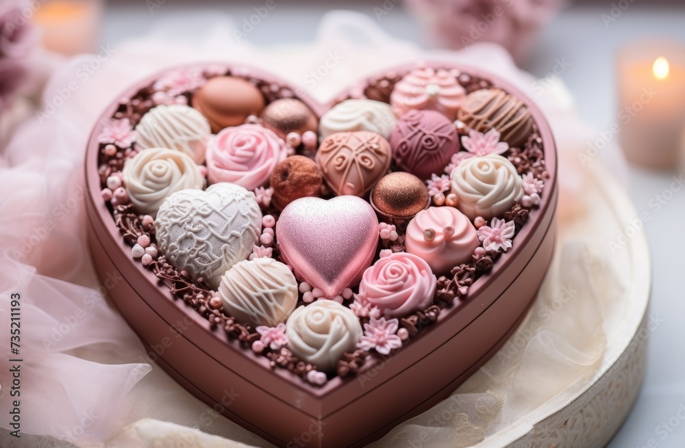 many chocolates are sitting in a pink heart shape box