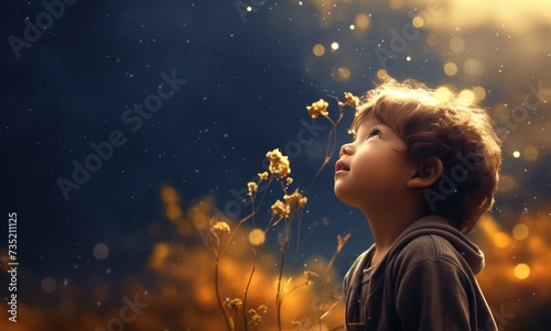 little boy stares up at the sky