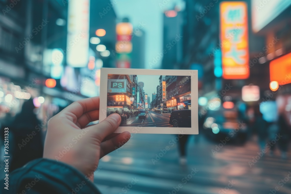 close up of hands holding photo with picture of city on city background, travel concept