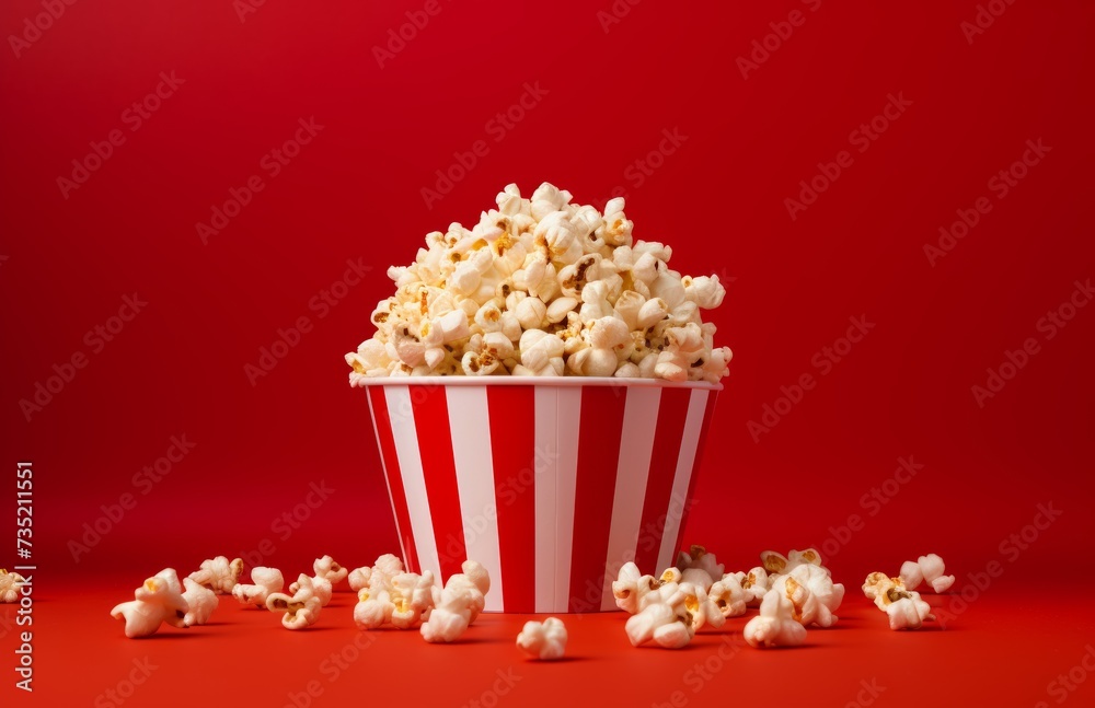 on a red background a bucket of popcorn is sitting in front of a camera on a red background a bucket of popcorn is sitting in front of a camera