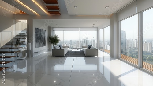 Minimalist and sophisticated interior of a high-end apartment. Generative AI.