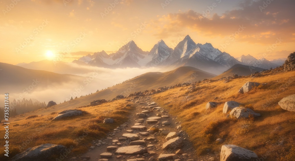 Mountain path against a stunning backdrop of golden sunrise